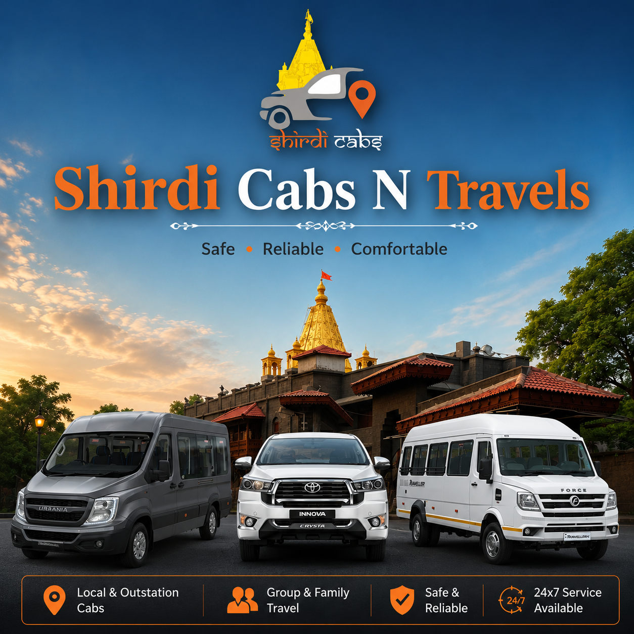 Shirdi Cabs N Travels fleet — cab, Urbania and Tempo Traveller